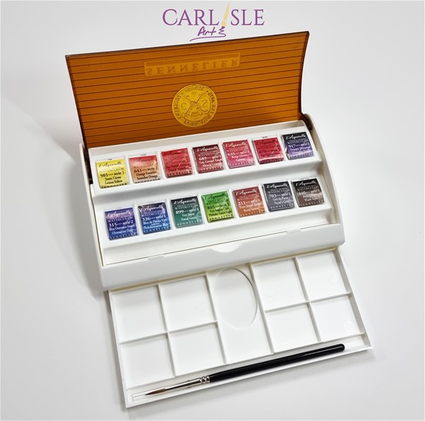 Sennelier Watercolour : Travel Box Set Of 14 Half Pans & Brush